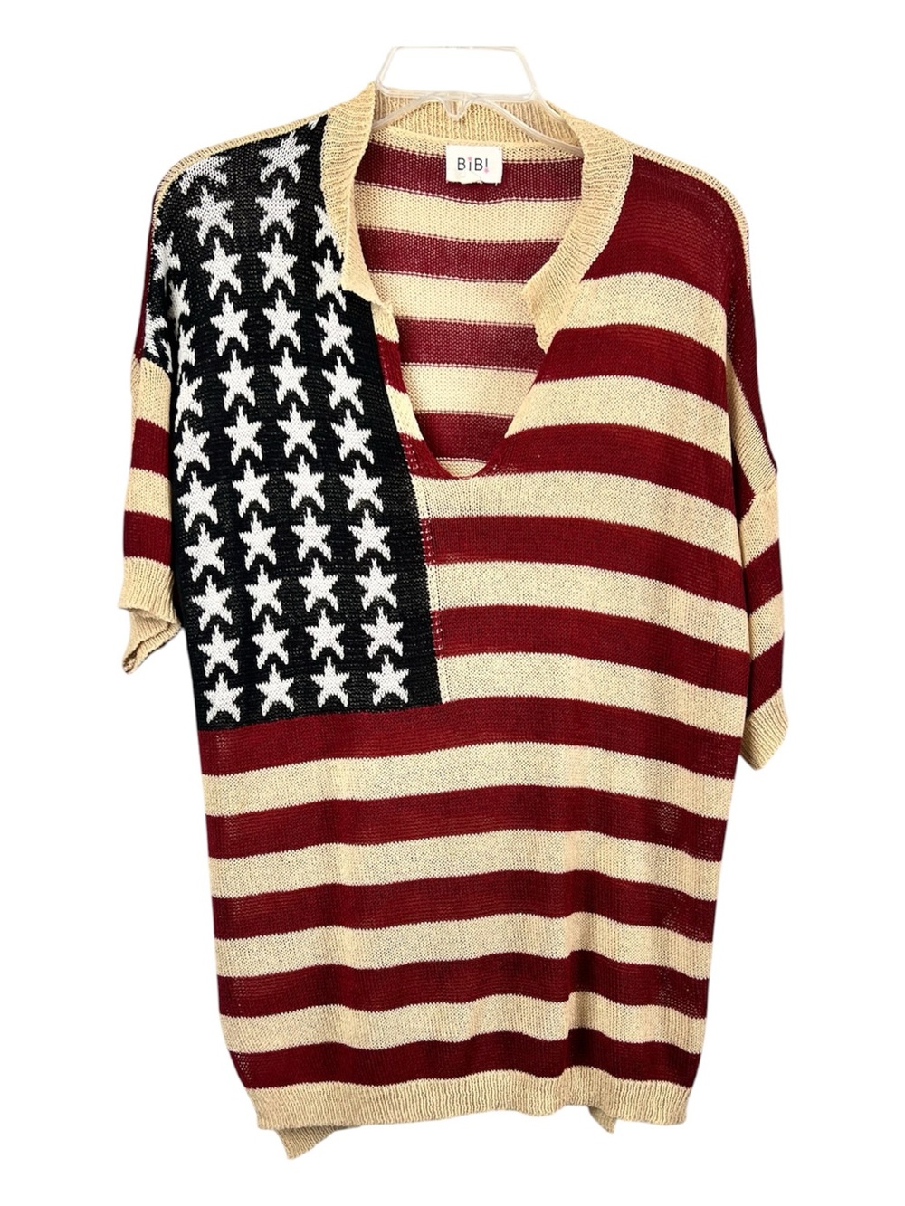 BiBi Striped Sheer Patriotic American Flag Knit Shirt SZM